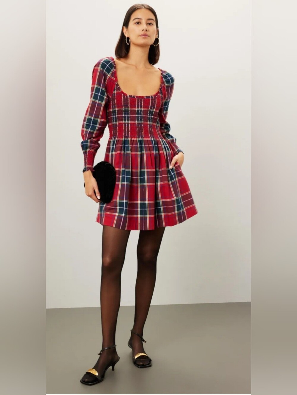 The Hill House Tartan Norah Nap Dress Red Blue Plaid Smocked Mini Dress Medium